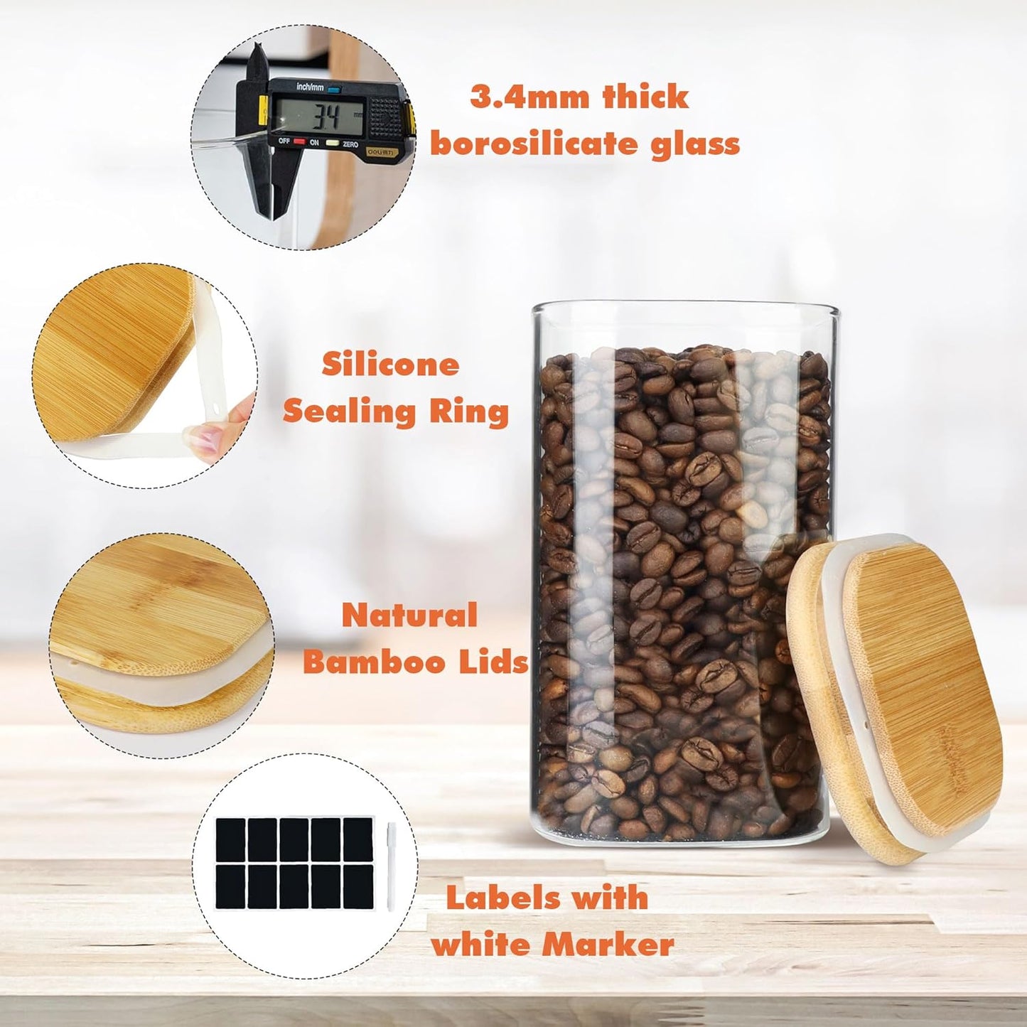 Glass Storage Containers with Airtight Bamboo Lids Muti Size Set of 5,Pantry Food Glass Jar with Lid,Perfect for Kitchen Organization-Nuts,Flour, Rice, Pasta, Sugar, Coffee Beans, Accessories Included