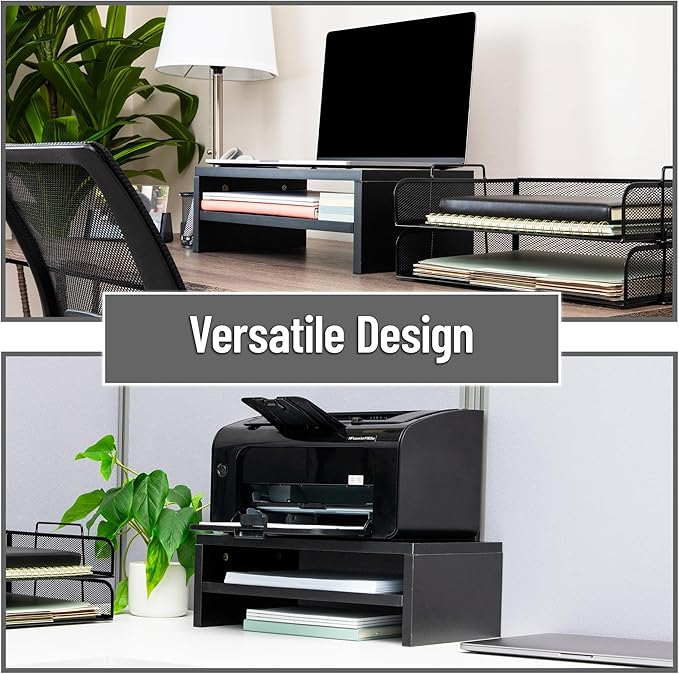 Mind Reader Monitor Stand with Phone Slot and Storage Shelf, Desktop Riser, 88 lb Capacity, MDF Wood, Black