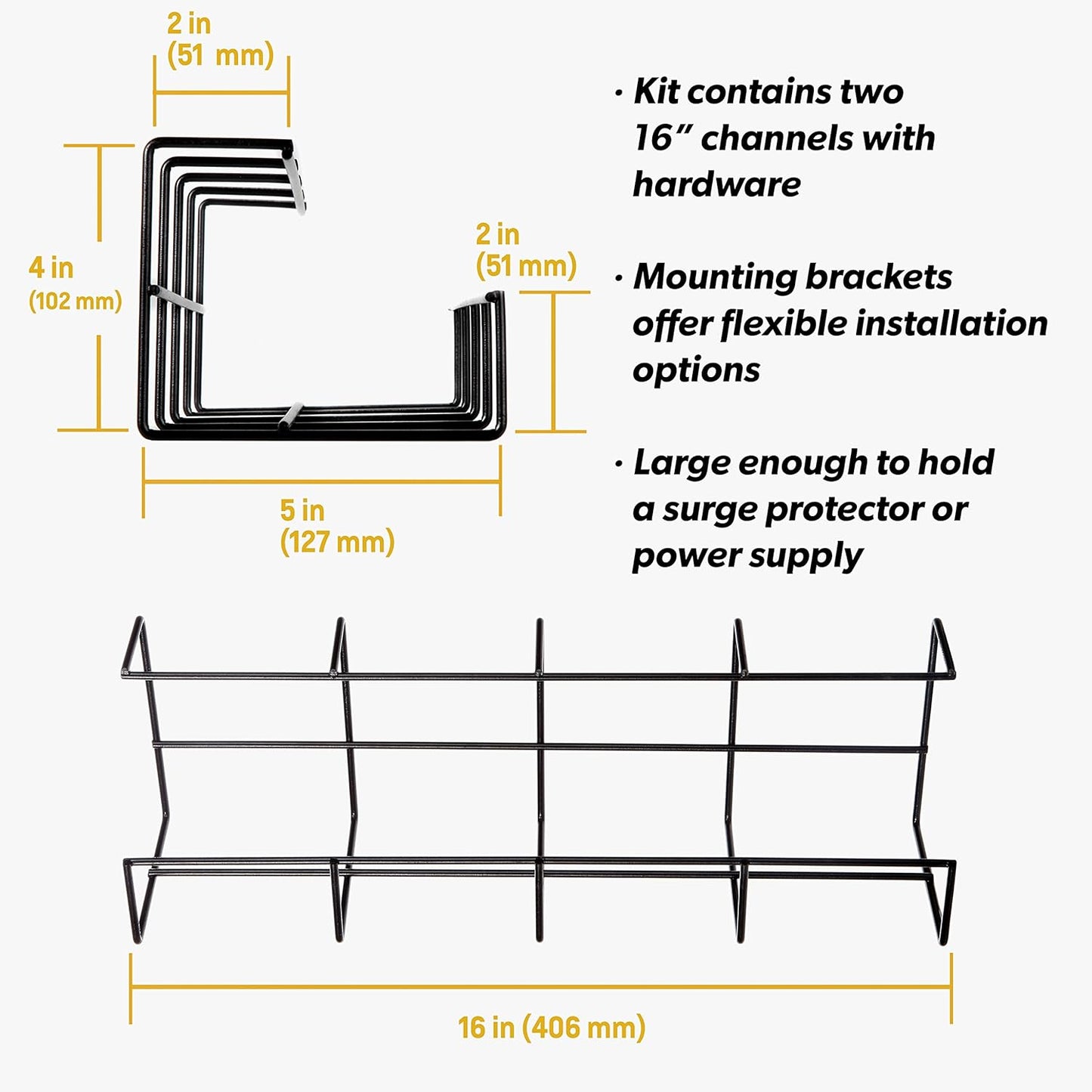 Simple Cord Wire Tray Desk Cable Organizer - 32" Open Slot Raceway to Hold Cables, Cords, or Wires on Desks - Office Cable Management (Pack of 2) (5582703058) Black