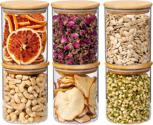 25oz 6PCS Round Airtight Glass Food Storage Jars, Clear Glass Food Storage Container with Bamboo Lid, Stackable Spice Jar, Kitchen Canister for Sugar, Tea, Coffee bean, Pasta, Oat, Spice