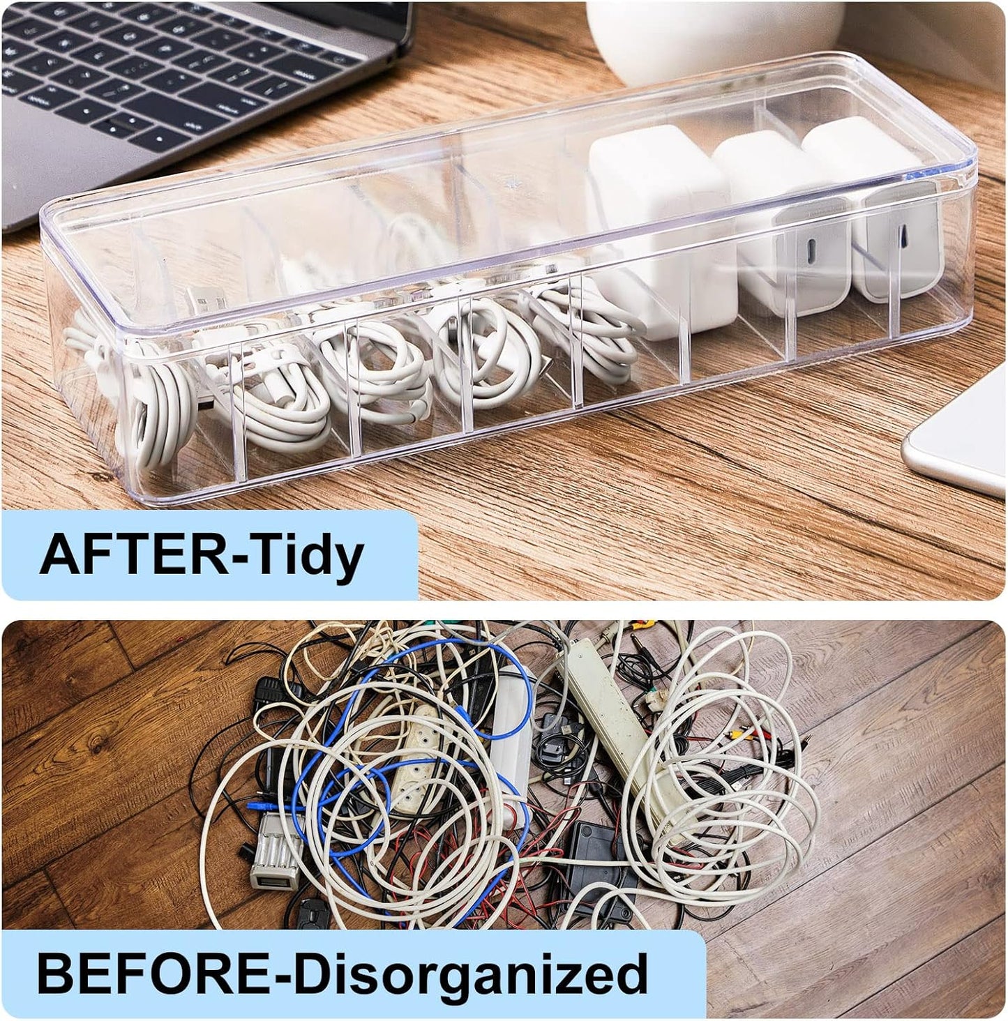 Tatuo 12 Pcs Cable Organizer Box with Wire Ties, Plastic Cord Storage Box with Lid, Electronics Organizer for Home Office Desk Organizers and Accessories (Clear)