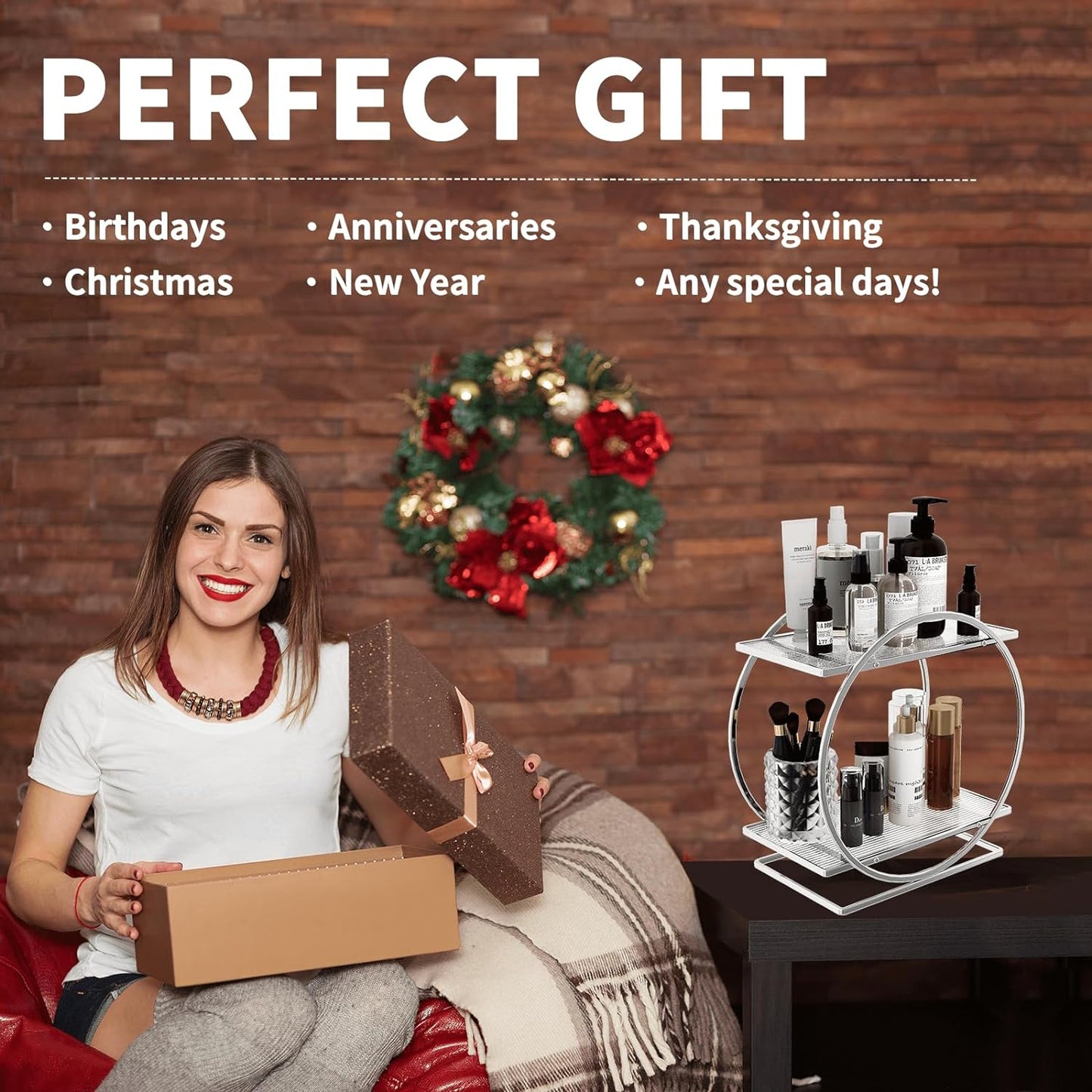 Perfume Organizer for Bedroom Dresser- Sliver Makeup Organizers for Vanity, 2 Tier Bathroom Countertop Organizer Perfume Tray Skincare Storage Cosmetic Display Rack, Make Up Counter Shelf