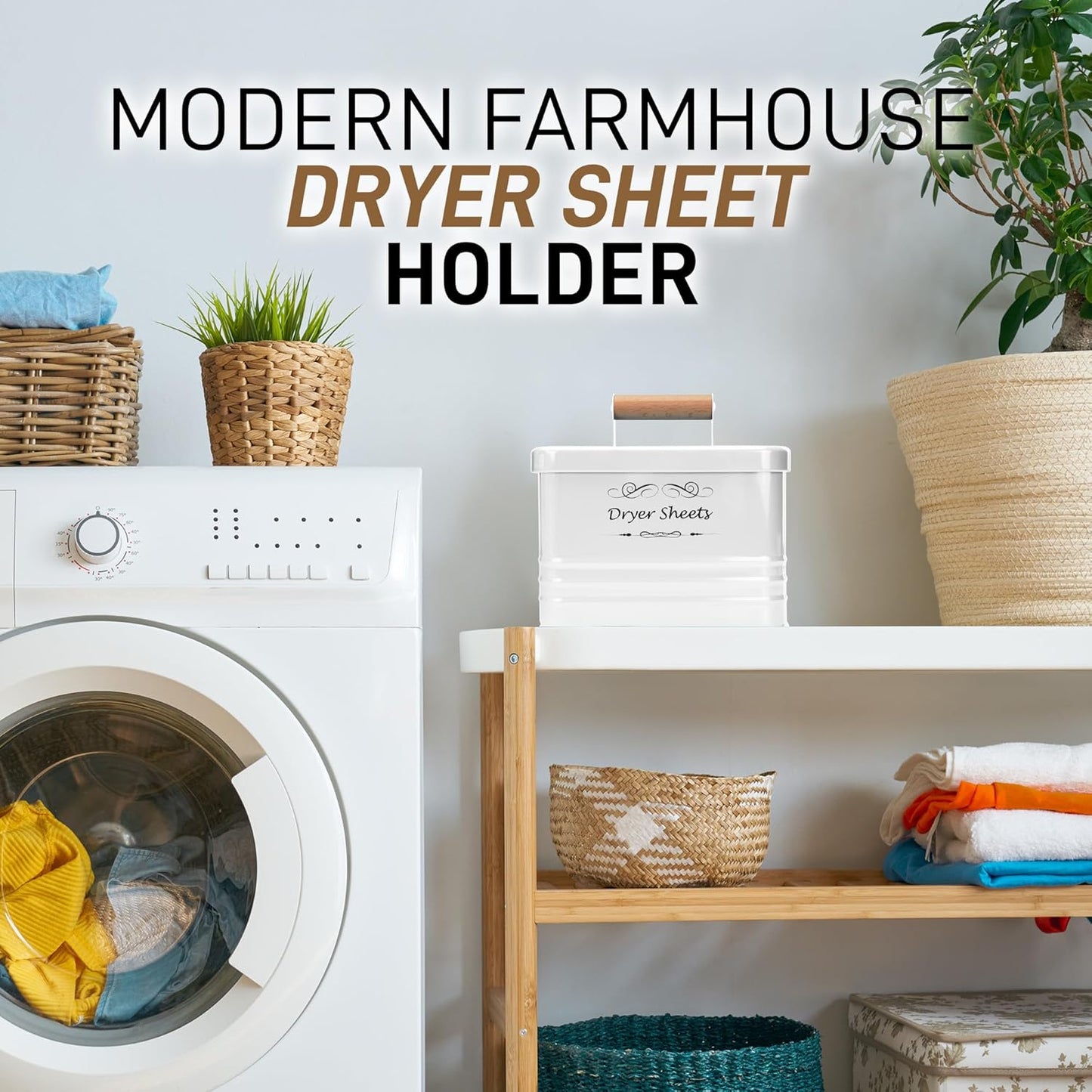 ELITAPRO Dryer Sheets Holder for Laundry Room - Farmhouse Dryer Sheet Box with Lid - Laundry Room Decor & Accessories - Metal Dryer Sheet Container for Laundry Room Organization & Storage (White)