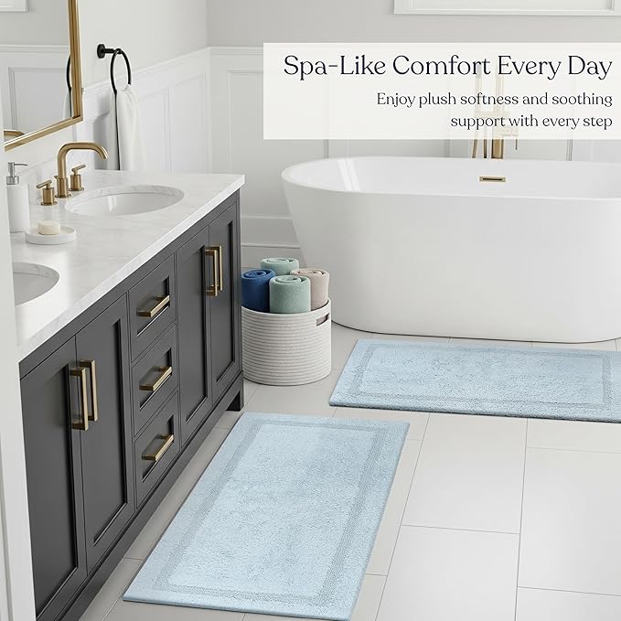 Delara Organic Cotton Reversible Bath Mat – 3000 GSM, GOTS Certified, Ultra-Thick & Super Absorbent | Soft, Plush & Quick-Drying Bathroom Rug (Light Blue, 30x50)