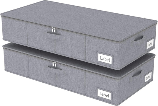 Yawinhe Foldable Underbed Storage Bags, Containers Bin with Lids, Large Under Bed Organizer Box, with Sturdy Zipper und Label Holders, for Clothing, 31.5''Lx15.7''Wx6''H, 2 Pack, Grey