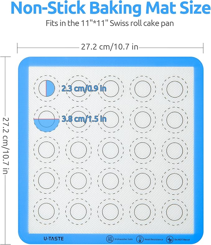 446ºF Heat Resistant Macaron Mat: U-Taste 11x11in Non Stick Silicone Baking Mat, Reusable Cookies Pastry Sheet Liner with Edge Enhancement & Circle Measurement for Square Cake Pan (2 PCS, Light Blue)