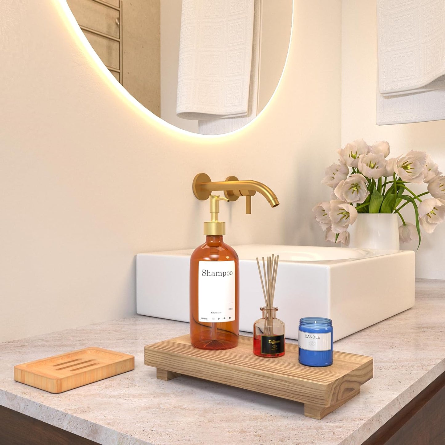 Dish Soap Tray for Kitchen Counter - 2 Pcs Bathroom Accessories Set, 11” Farmhouse Wooden Riser Display Stand, Bamboo Bar Soap Holder, Kitchen Soap Tray, Neutral Bathroom Decor, Brown