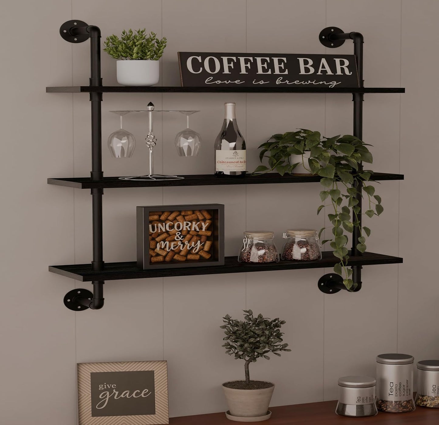 Industrial Pipe Shelf Shelving Bookcase, Wall Mounted Rustic Bookshelf, Floating Bookshelves for Wall,Retro Wood Metal Pipe Industrial Shelves for Living Room