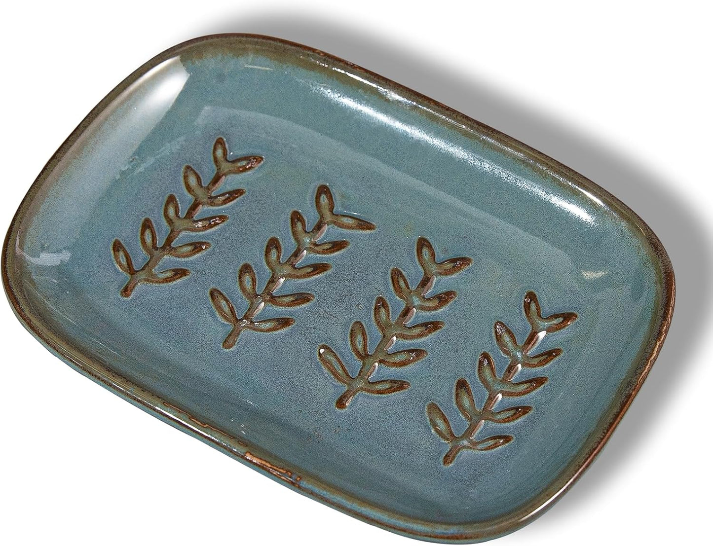 Aesthetic Ceramic Soap Dish for Shower, Soap Holder with Raised Relief, Shower Soap Dish for Shampoo Bar Or Sponge, Soap Saver for Bathroom, Kitchen, Sink, Decorative Soap Tray (Blue)