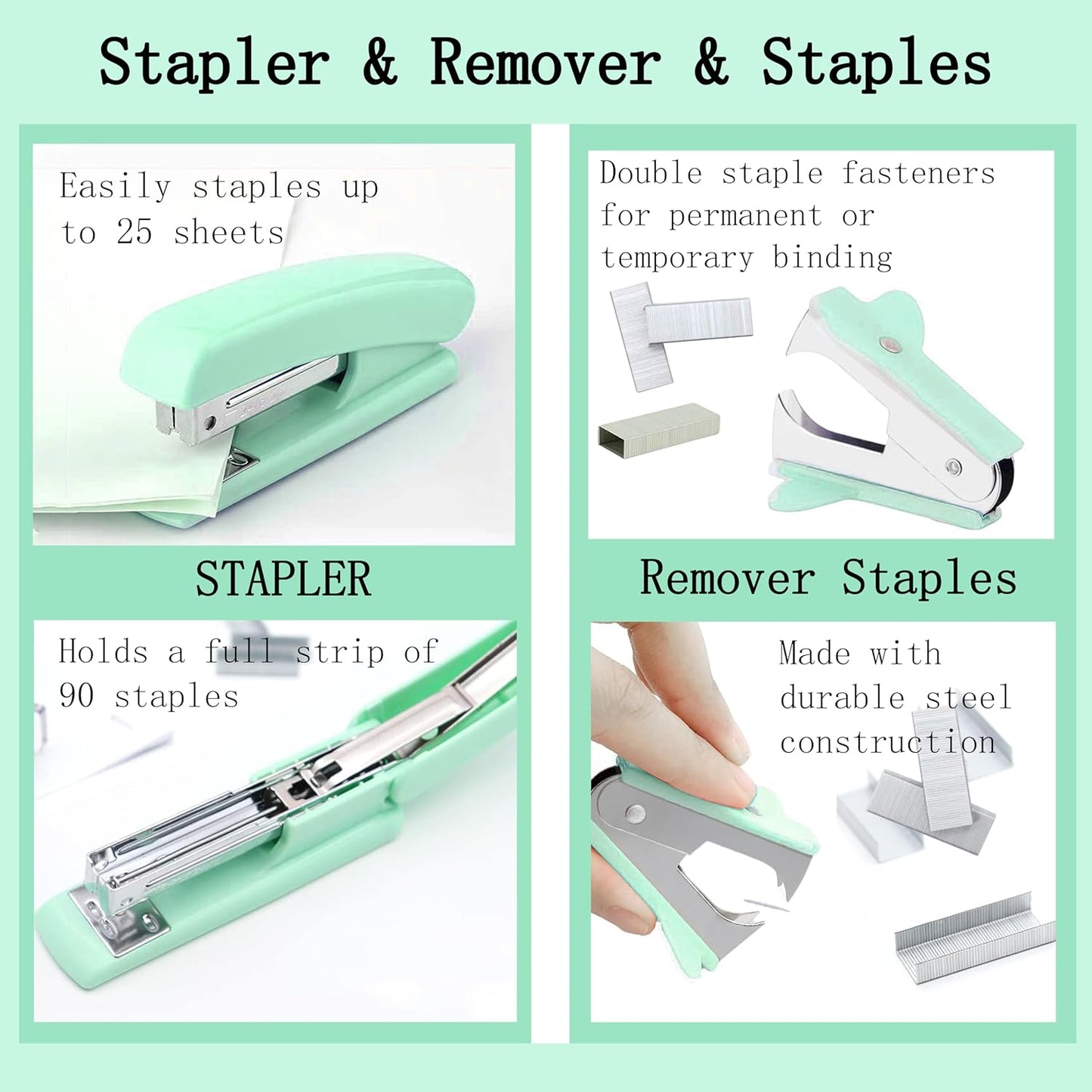 Green Office Supplies, Teal Desk Accessories 360°Pen Holder Desk Organizers and Accessories with Tape Dispenser, Stapler, Staple Remover, 1000 Staples, Tape, Clips Set, Ruler, Scissor, Pen