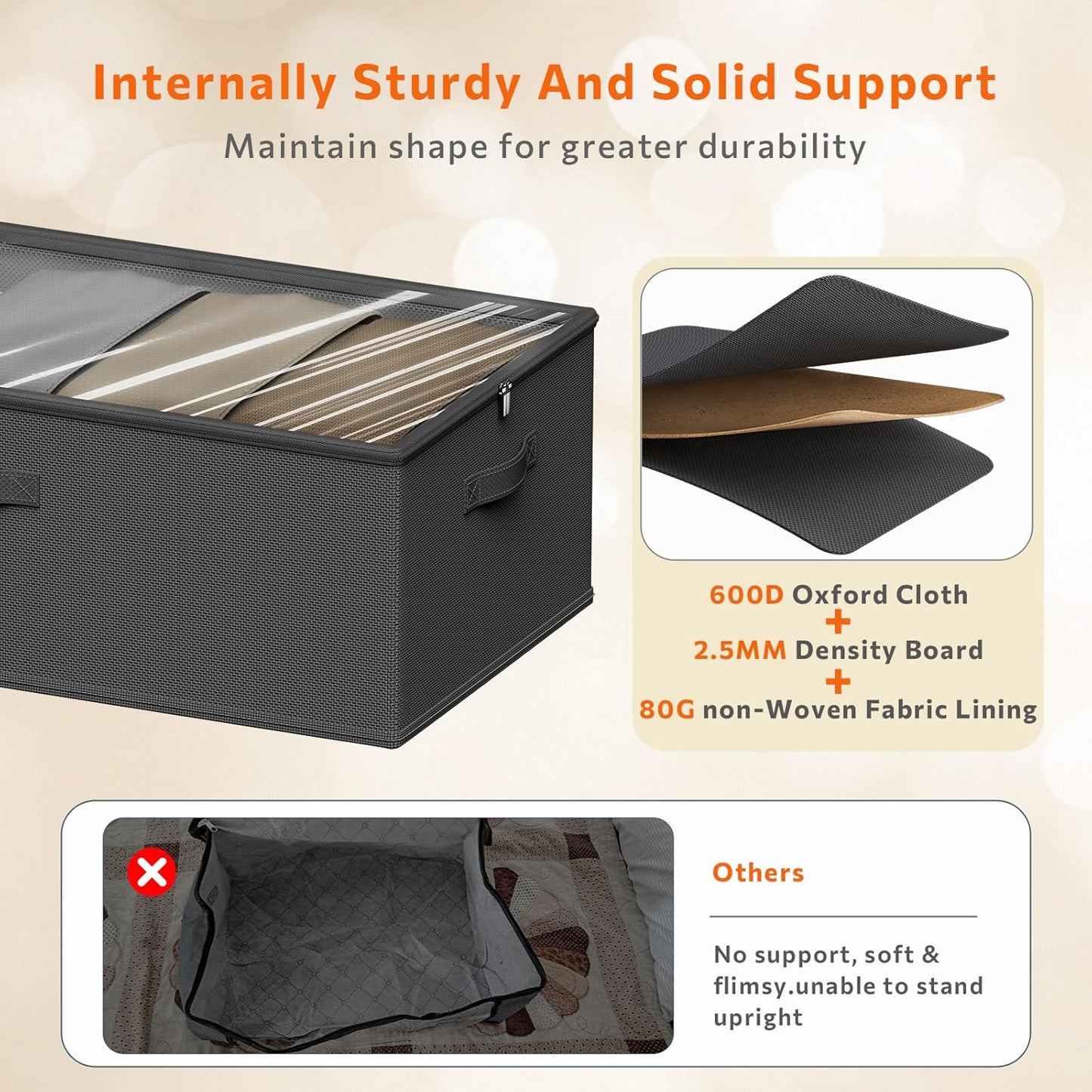 2 Pack Under Bed Storage Containers, 10 Inch Tall Underbed Clothes Storage Organizer Bin with Clear Window，Foldable Box Basket for Clothes, Closet, Bed Sheets and Blankets Black