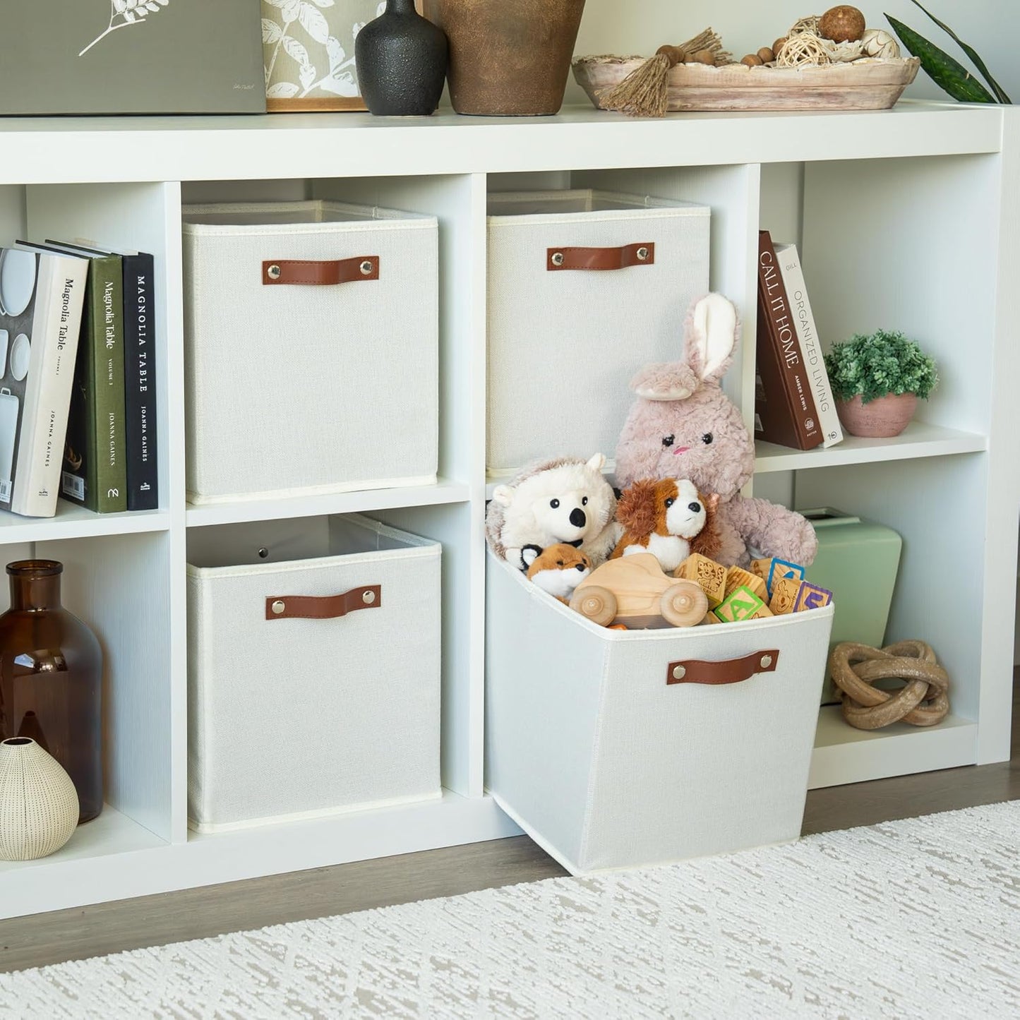 OrganiHaus 11" x 11" x 11" Fabric Cubes Storage Bins Set of 4, Foldable Collapsible Fabric Storage Bins for Organizer, Toy Organizer for Kallax, 11 Inch Linen Cube Shelf Baskets - White