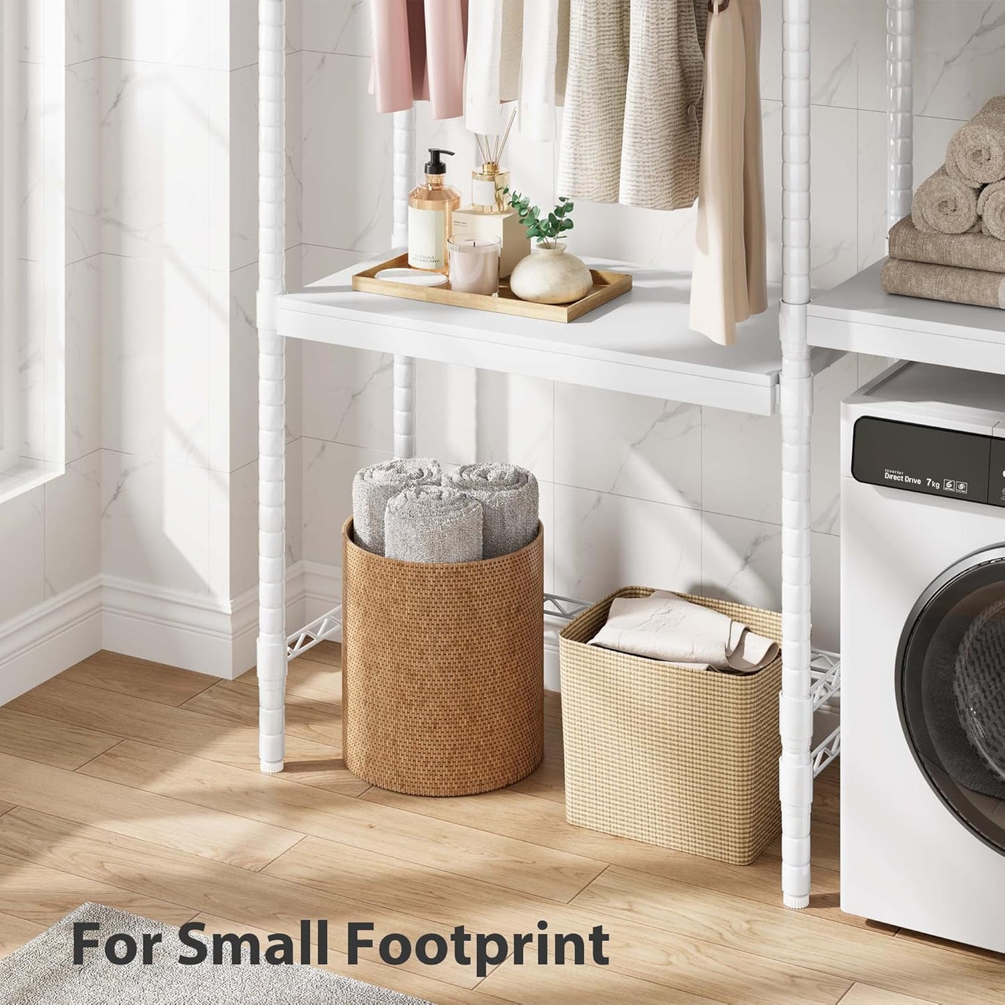 Garvee 28 in Over-The-Toilet/Washer Shelf – 5-Tier Laundry Organizer with Double-Layer Wood Shelves (100 LB Capacity), Adjustable Height Storage for Small Spaces (White)