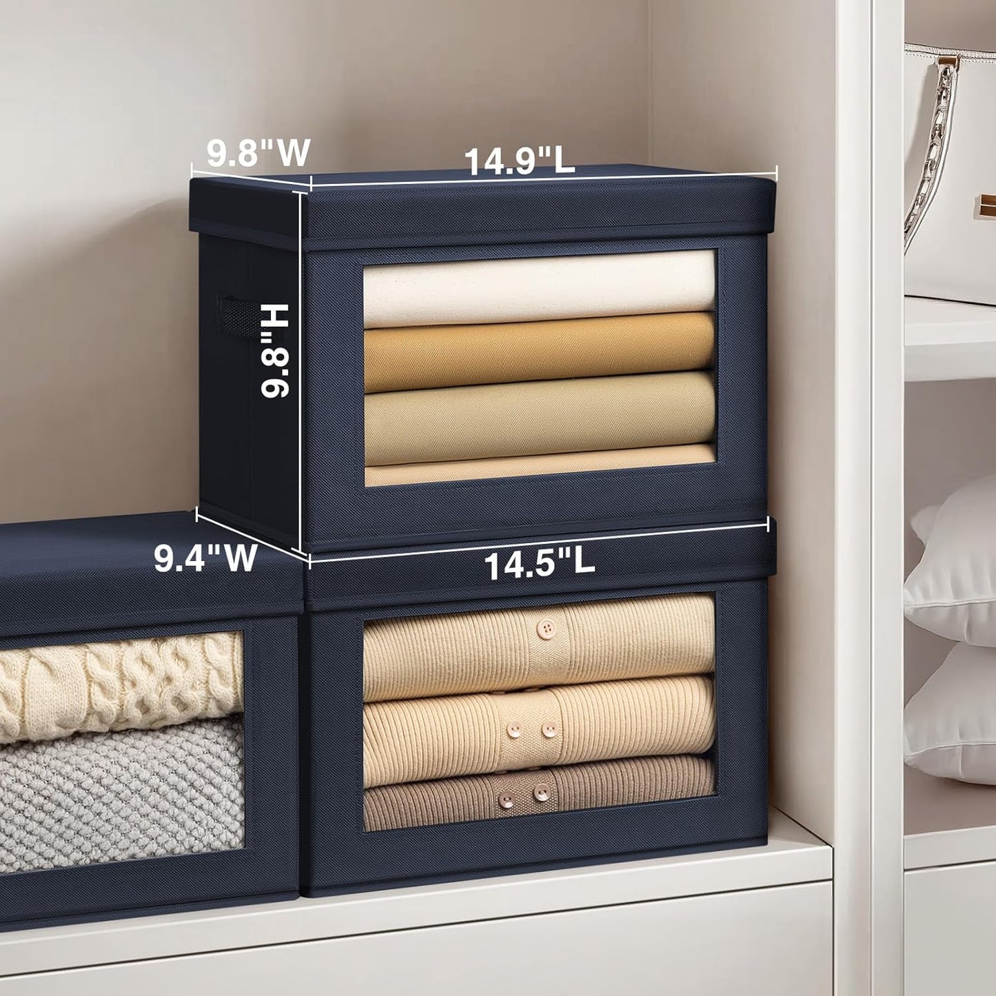 Stackable Storage Bins with Lids - Medium Storage Box with Lids, Foldable Closet Boxes for Organizing, Wardrobe Clothes Organizer with Window, Cubes Bins for Living Room, 5 Pack, Navy Blue