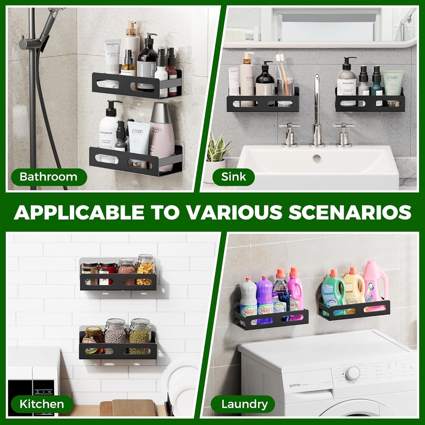 SUS 304 Stainless Steel Shower Caddy,Thickened,Strong And Large Capacity No Rust Shower Organizer,No Drilling/Sleek Bathroom Shower Shelves For Bathroom Storage,Kitchen,Living Room (Black)