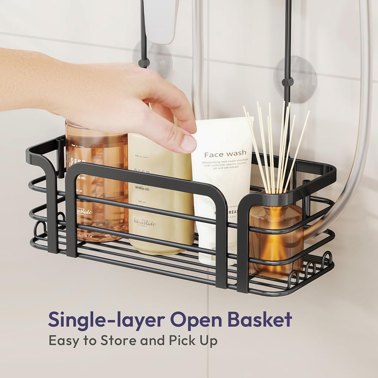 SWTYMIKI Shower Caddy Hanging Organizer - Over the Door Shower Caddy with 6 Hooks, 2 Installation Ways, Stainless Steel Rustproof Bathroom Organizer, Black