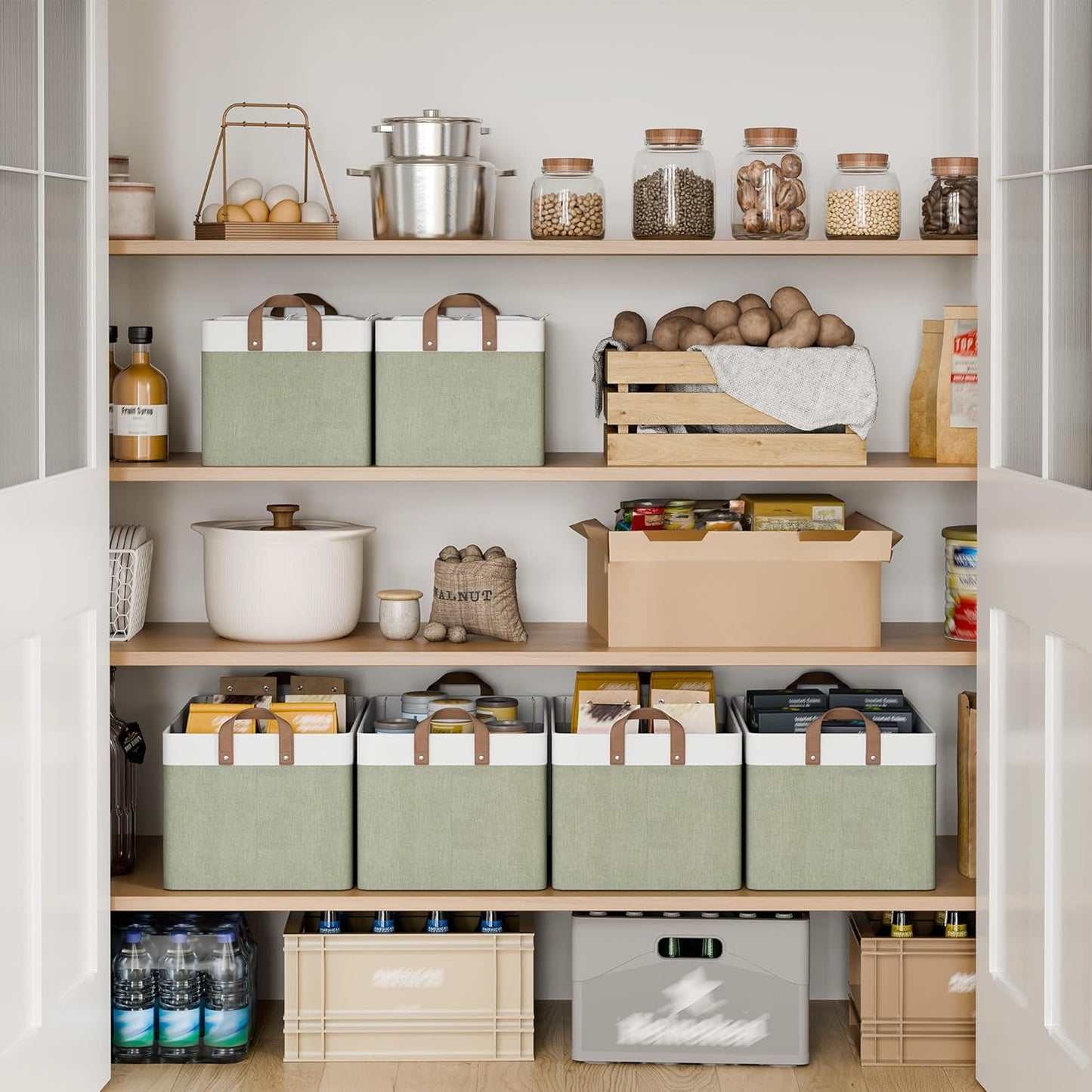 StorageWorks Storage Bins, Fabric Storage Bins for Shelves, Extra Large Storage Baskets with Metal Frame, Closet Baskets and Bins with Handles, Jumbo, Green and White, 2-Pack