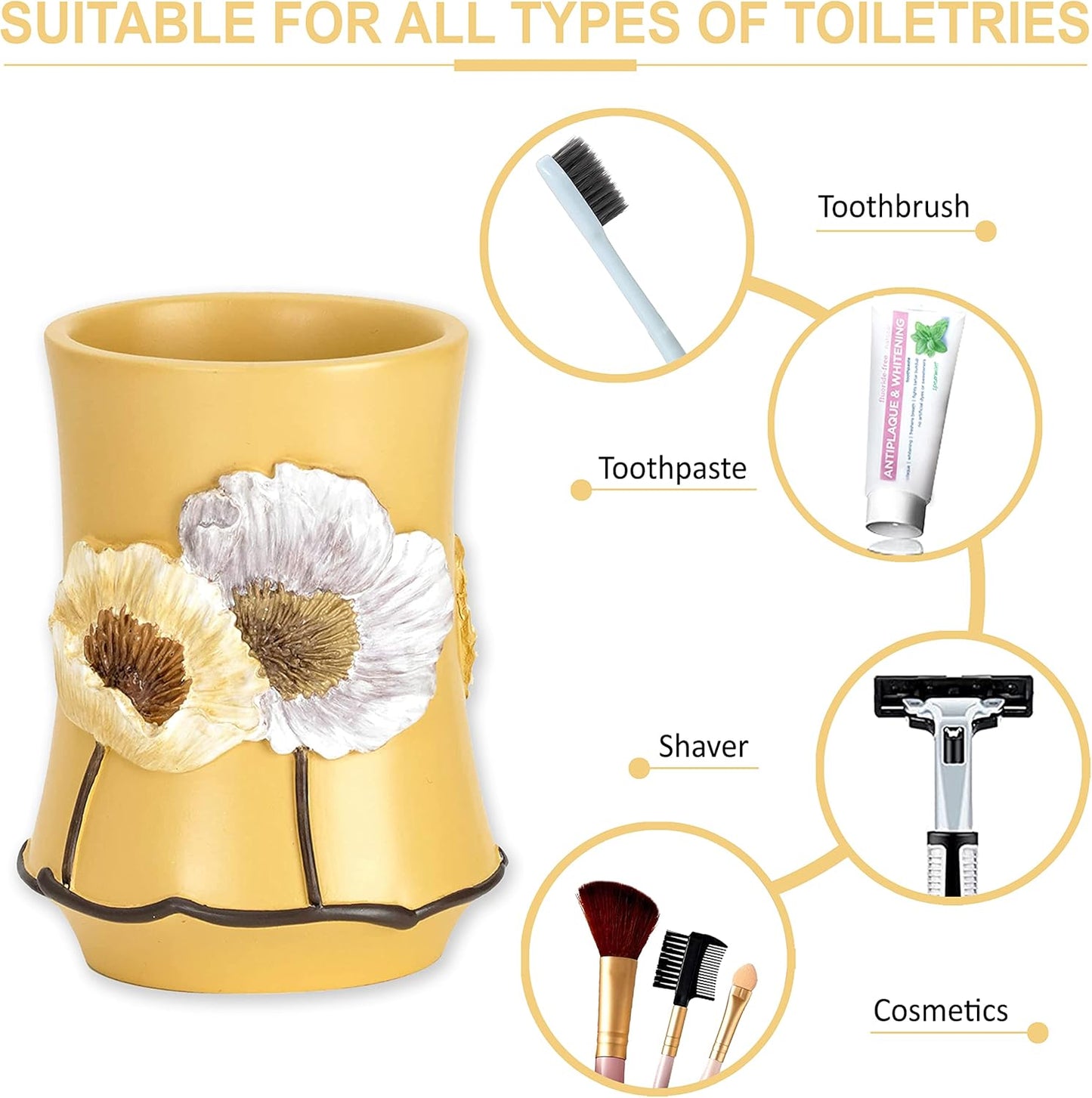 Zahari Home 4pc Poppy Fields Yellow Bathroom Accessories Set Hand Soap Dispenser, Tumbler, Tooth Brush Holder and Soap Dish Modern Contemporary Decor Complete Bathroom Sets with Shower Curtains