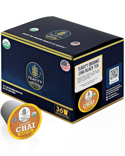 Organic Chai Black Tea Pods for Keurig Naturally Caffeinated by Teavity (36 Tea Pods)