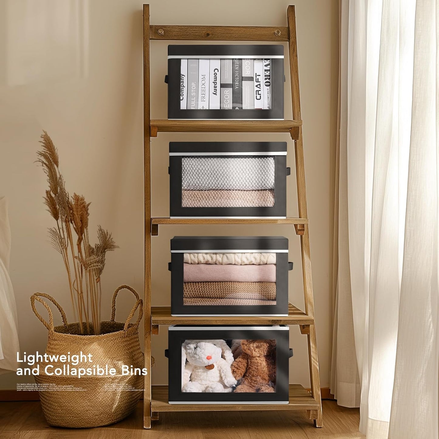 Large Storage Baskets Bins with Lids - Stackable Cube Bins for Closet, 3 Pack Black Windows Organizer Bins, Home Organizers and Storage for Clothes, CD, Towels