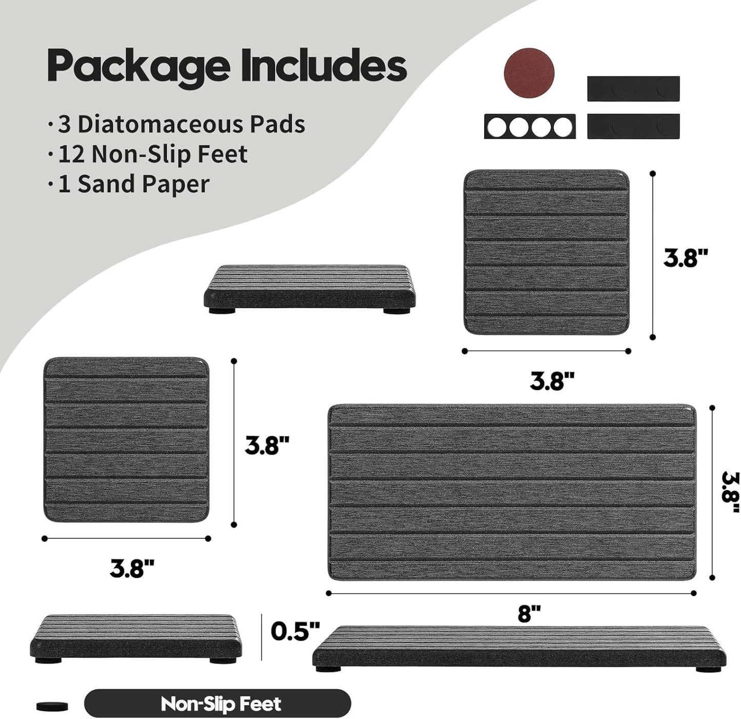 3 Pack Diatomite Stone Sink Tray, Water Absorbing Mat for Kitchen & Bathroom Counter, Quick Dry Soap Dish Makeup Vanity Caddy,Sponge Holder Organizer, Dark Gray 1pc of 8"x 3.8" and 2pcs of 3.8"x 3.8"