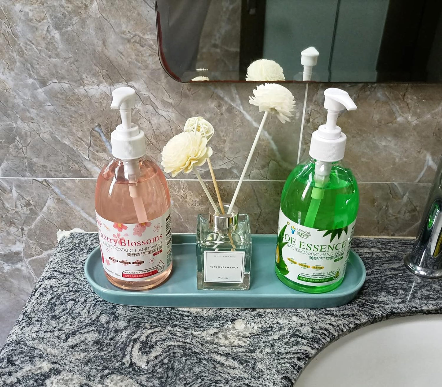 Ceramic Sink Tray, Bathroom Counter Tray, Bathtub Tray, Cosmetics Dish, Candle Tray, Perfume Shampoo Liquid Soap Tray Simple Style Design Suit for Bathroom and Kitchen (2pcs Blue)