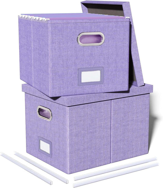 2 Pack File Storage Organizer, Filing Box, Portable File Box with Lid, Fit for Letter/Legal File Folder Storage, Document Organizer, Lavender