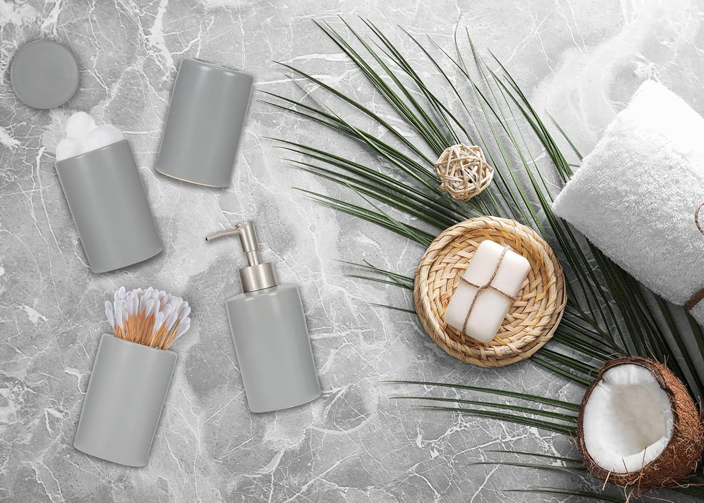 NAT & Jules Chic Modern Rounded 4.5 inch Ceramic Bathroom Accessories Set of 4 - Home Décor & Organization Perfect for Bath or Kitchen Household Essentials, Matte Grey