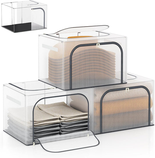 Large size 66L Fully Transparent Openings Clothes Storage Bins with Metal Frame, Stackable & Foldable Storage Box with Lids, Closet Organizers, Cap, Sweater.(19.7x 15.75 x 13 Inches)