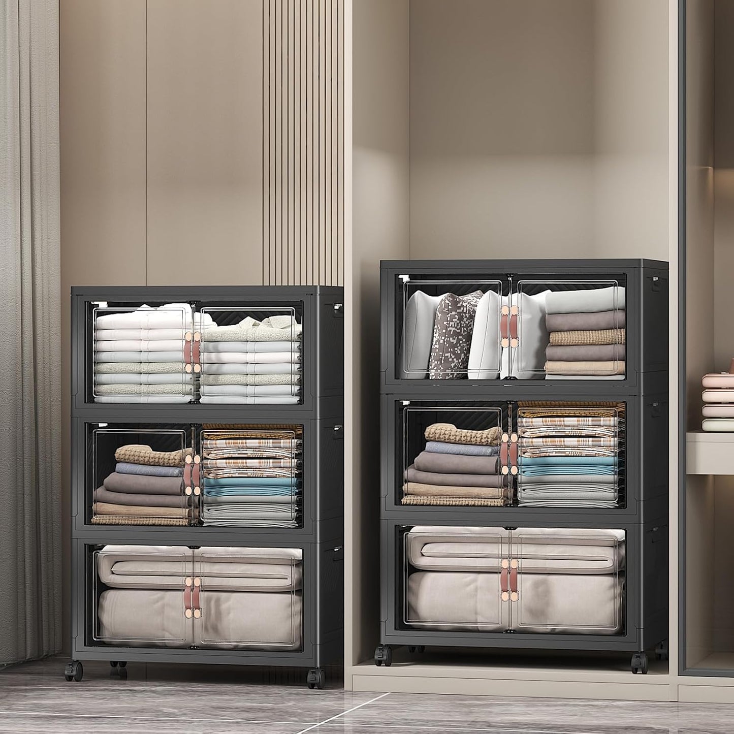 Extra Large Stackable Storage Bins with Lids & Wheels & Door, 672QT-112QT/28GAL*6Pack Foldable Collapsible Closet Organizers, Plastic containers drawers for bedroom Dorm