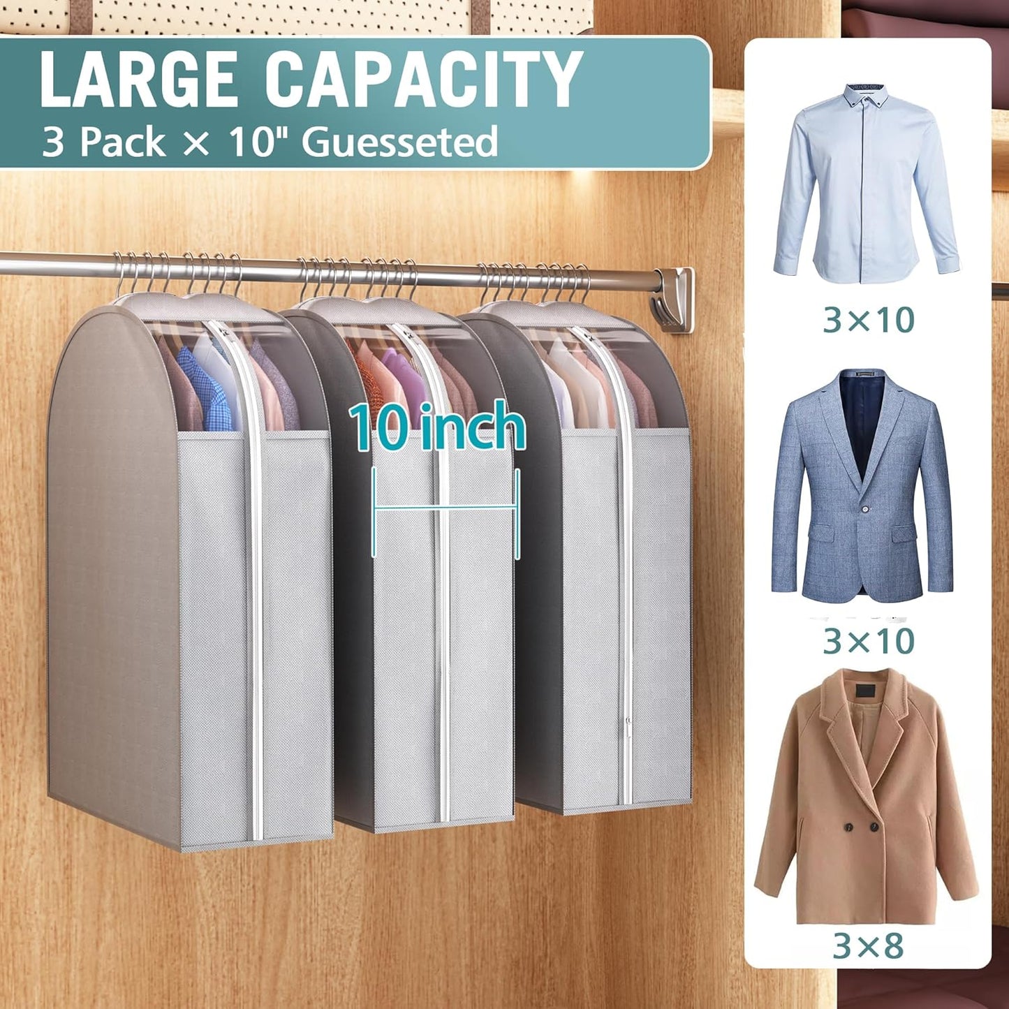10" Gusseted Garment Bags for Hanging Clothes with Clear Window, 32" Suit Bags for Open Closet Storage, Clothing Cover for Coat, Dress, Jacket, Shirt, Fur Wardrobe Protector, 3 Packs