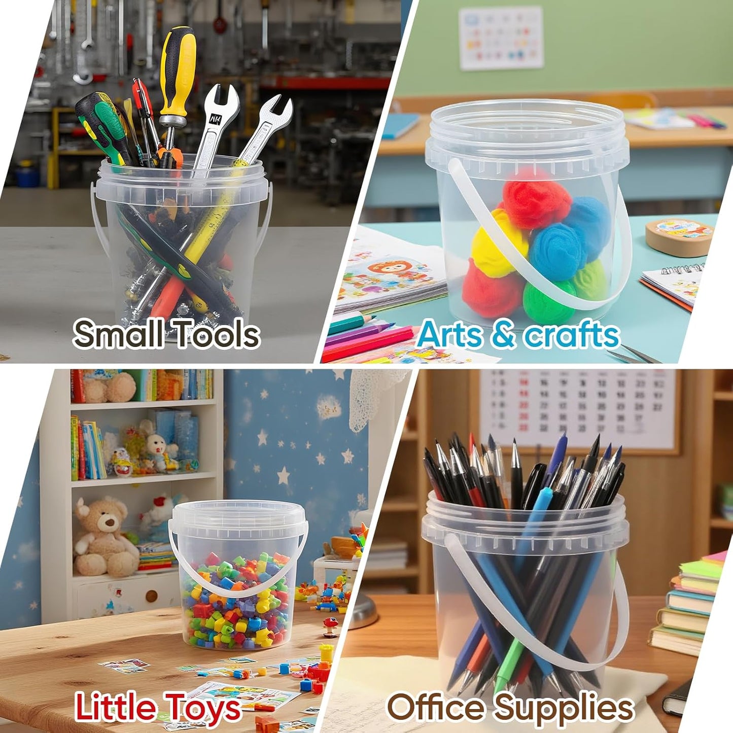 4Pack 34oz Clear Bucket with Lids - Plastic Food Storage Containers, Airtight Screw-On Lids - Freezer Safe Ice Cream Bucekts, Food Grade Reusable Containers for Kitchen