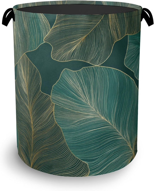 Palm Leaf Golden Laundry Hamper,Tropical Dirty Clothes Laundry Basket with Handles Waterproof Oxford Cloth Storage Basket for College Dorms Bathroom Bedroom 16" x 20.8"