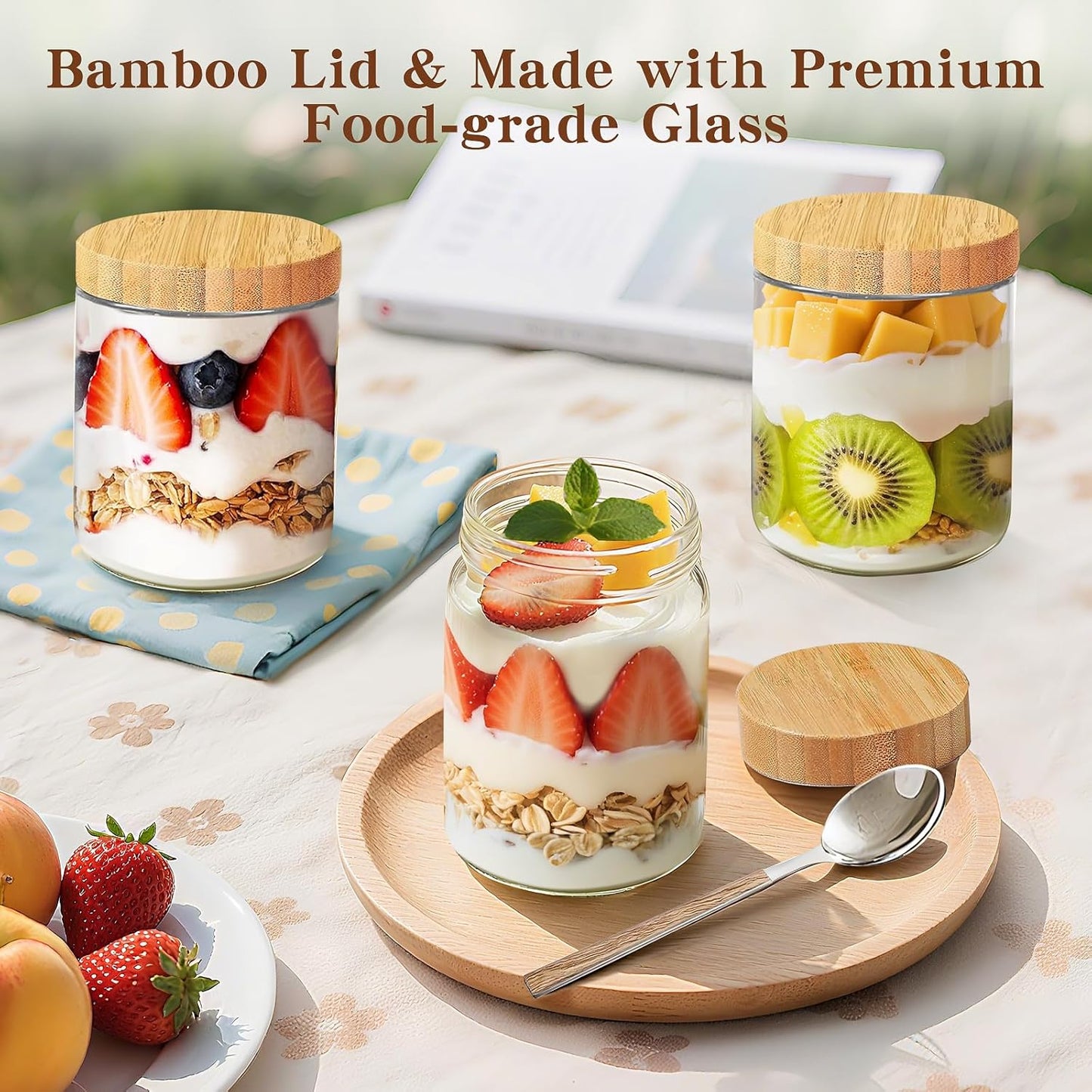 10oz Overnight Oats Containers with Bamboo Lids, Glass Jars with Airtight Lids, Wide Mouth Mason Meal Prep Jars, Food Storage Container for Yogurt Salad Chia Pudding Snacks Spice Sugar,4 Pack