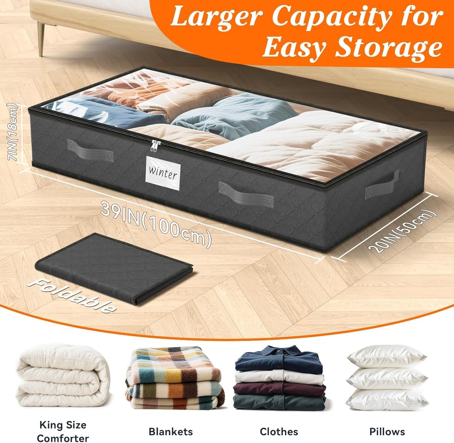 SpaceWhisper 90L Under Bed Storage Containers, 8-Pack Storage Bins with Clear Top, Foldable Closet Organizers and Storage with Label Holder for Clothing, Blankets, Comforter & Pillows (Grey)