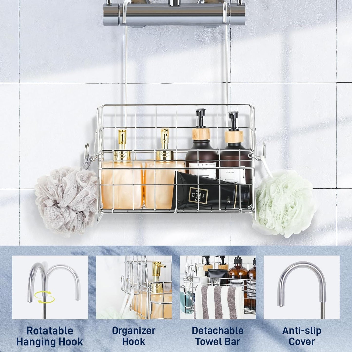 Hanging Shower Organizer, Shower Caddy Hanging, Bathroom Storage Rack with Hooks Over the Door, Stainless Steel Rustproof Bathroom Basket Shelf for Bath Faucet or Cross Bar