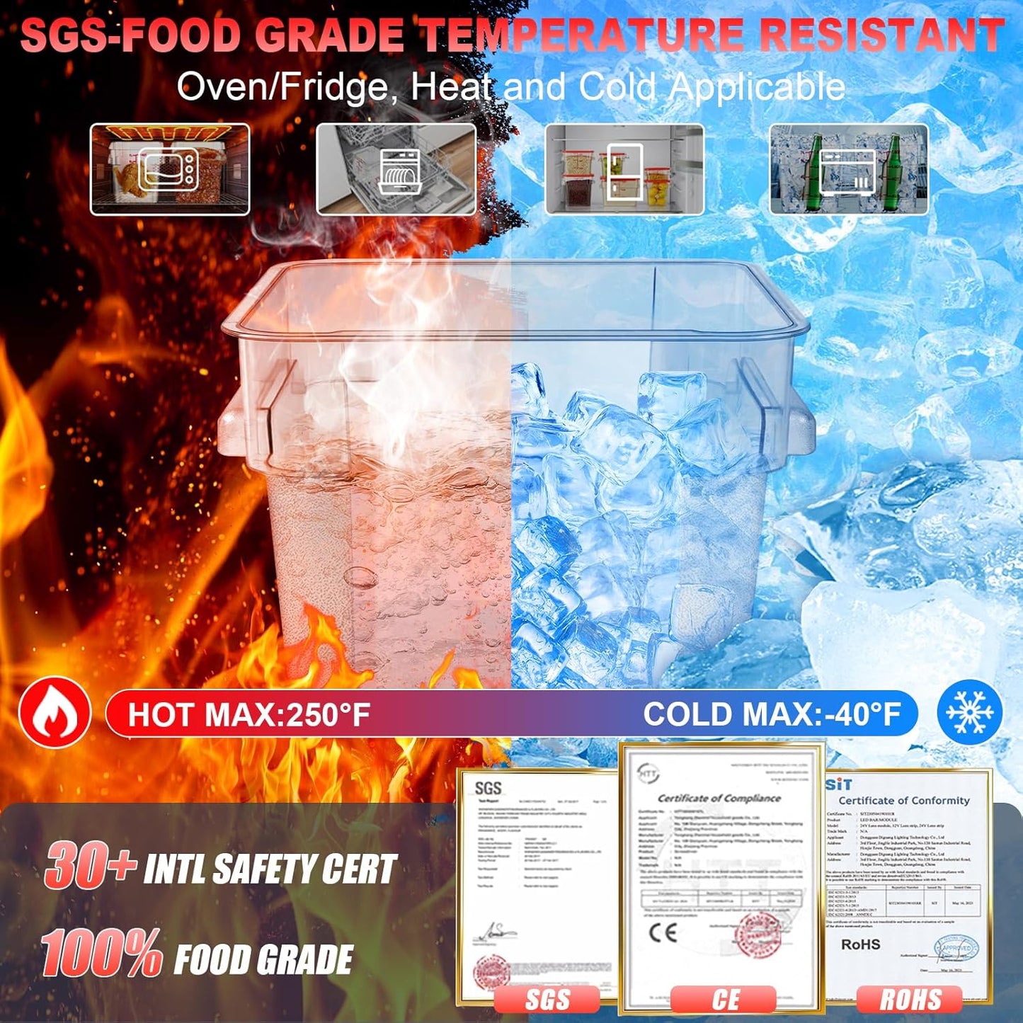 4QT NSF Food Storage Containers with Lids: 4 PCS [Total Food Grade][Hot&Cold Resistant] Commercial Clear Food Storage Containers for Restaurant Kitchen Proof Dough, Measuring Spoons Included(Red)