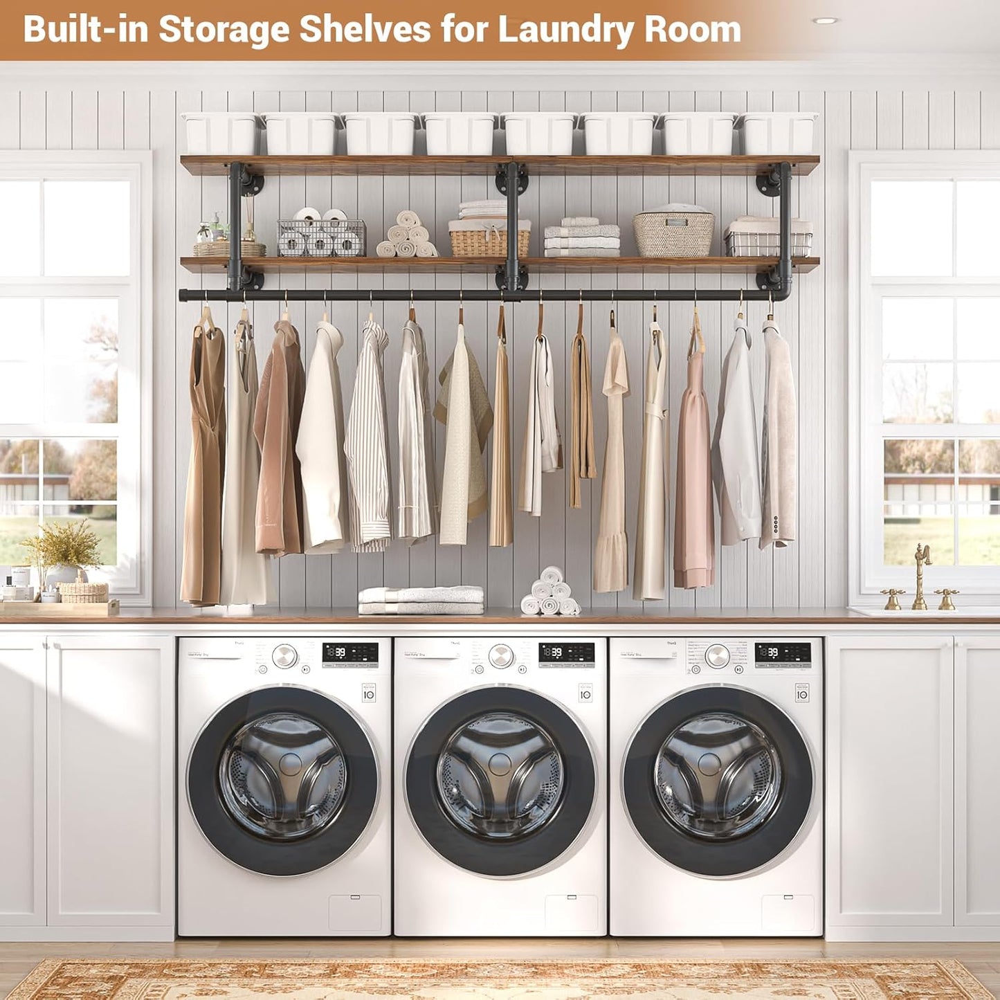 Aheaplus Industrial Pipe Clothes Rack with Top Shelf, 47In Space-Saving Wall Mounted Clothing Rack, 2 Tiers Heavy Duty Pipe Clothing Shelves with Hanging Rod for Laundry Room, Closet, Rustic Brown