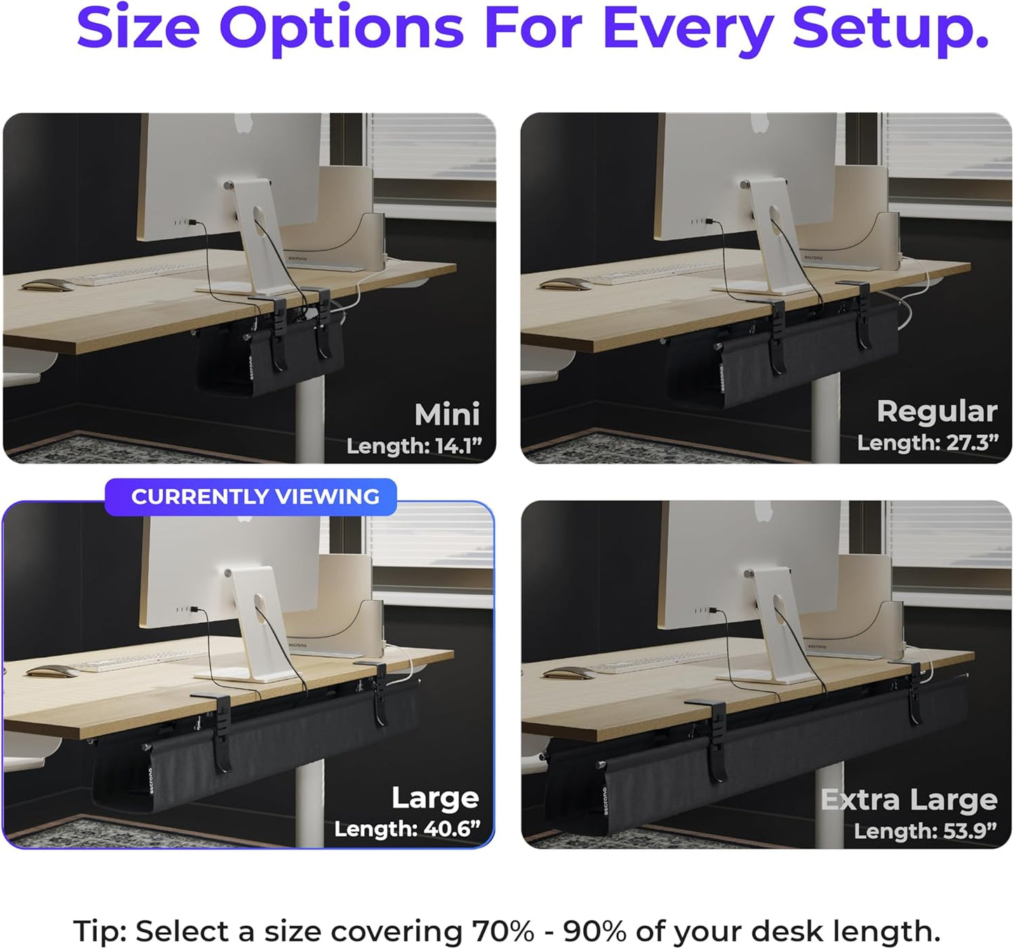 Ascrono Original No Drill Under Desk Cable Management Tray 40.6" - Premium Black Fabric Cable Management Under Desk - Clamp/Screw Mount Cord Organizer - Supports Upto 66lbs - Large
