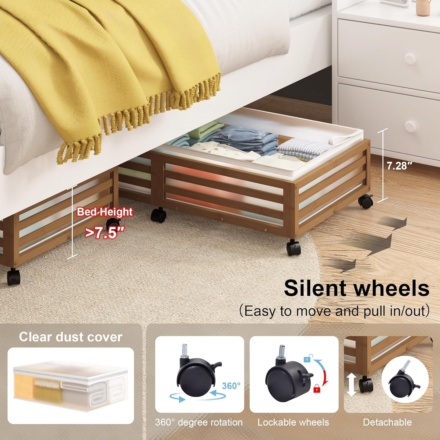 Under Bed Storage with Wheels-Large Bamboo Underbed storage Containers with Large Dust Bag Stackable Under the Bed Shoe Storage Bins for Clothes Books Bedding (2 Packs walnut, 33.07"L×16.54"W× 6.5"H)