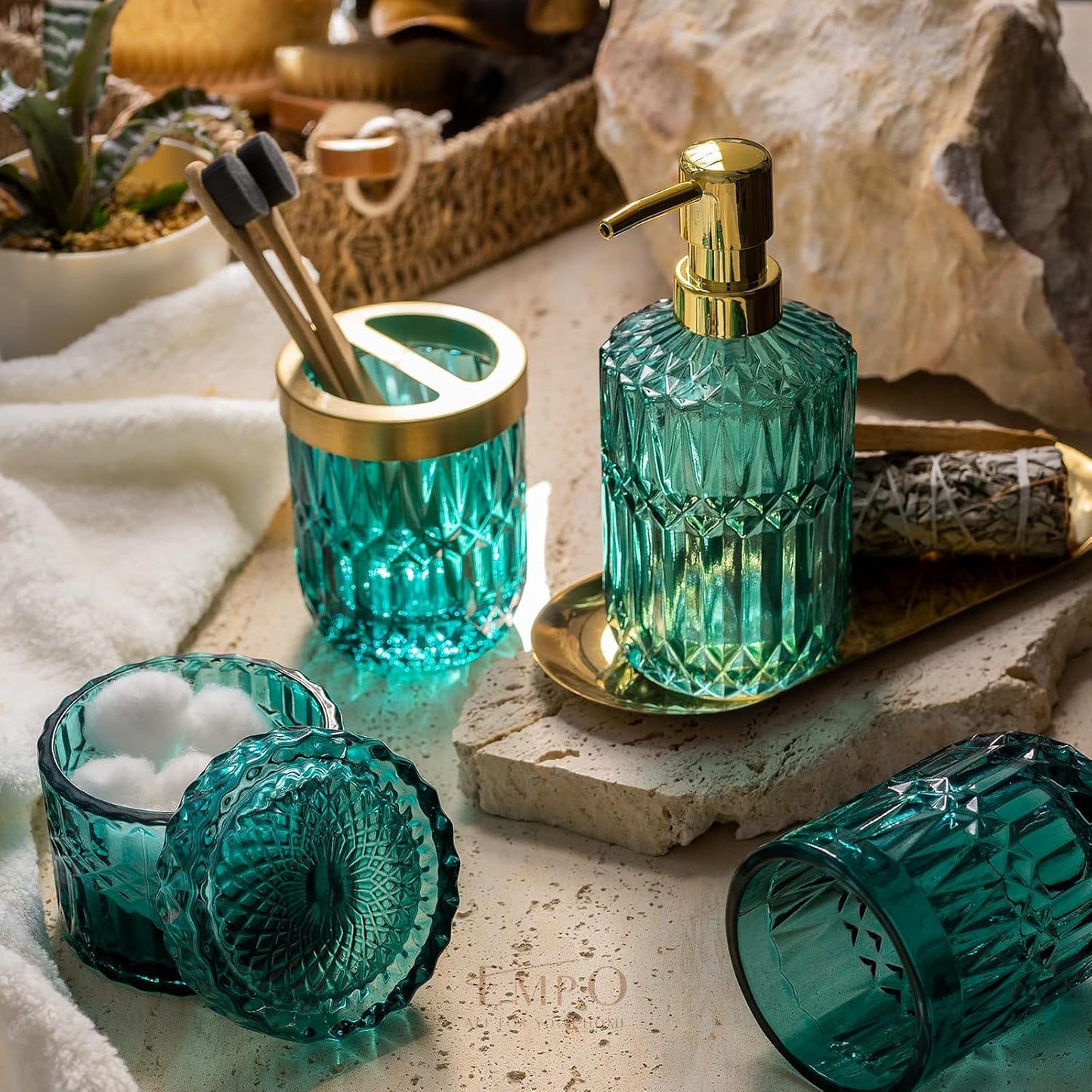 EMPO 6PCS Bathroom Clear Glass Accessories Set (Lotion Soap Dispenser, Soap Dish, Toothbrush Holder, Tumbler, Cotton Swab Jar), Contemporary Modern Decor Crystal Vintage Gift (6pcs Ocean Teal Blue)
