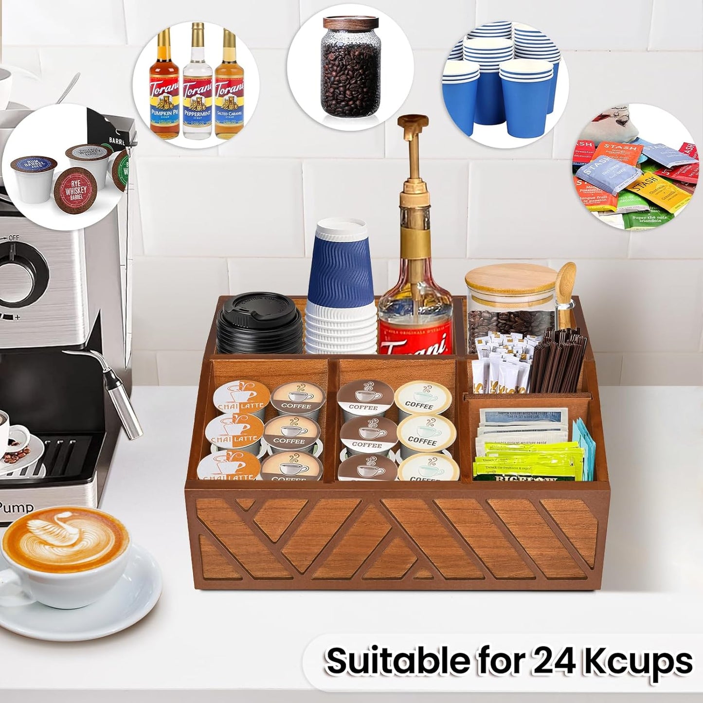 ugiftt Coffee Station Organizer for Counter, Wood Pods Holder Storage Basket, Tea Condiment Storage Organizer, Rustic Coffee Bar Decor for Accessories Organizer