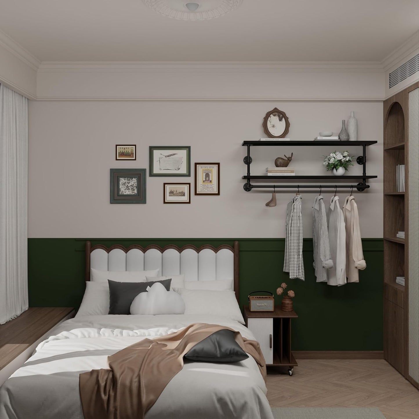 Black Clothes Rack 48in, 2-Tier Wall Mounted Garment Rack with Real Wood Shelf, Heavy Duty Hanging Clothes Rack, Multi-Purpose Hanging Rod, Space-Saving Closet Storage