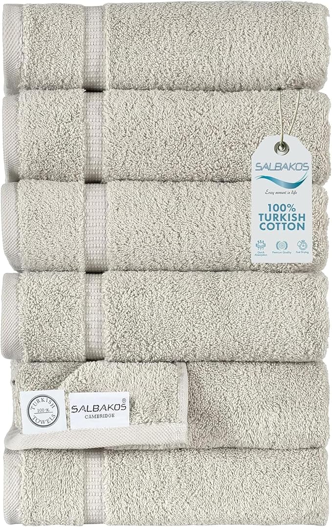 SALBAKOS 100% Turkish Cotton Hand Towel Set of 6 16x30 inch | Heirloom Quality | Hotel & Spa Collection | Ultra Soft, Super Absorbent, Long Lasting Hand Towels | Made in Turkey (Stone, 6 Hand Towels)