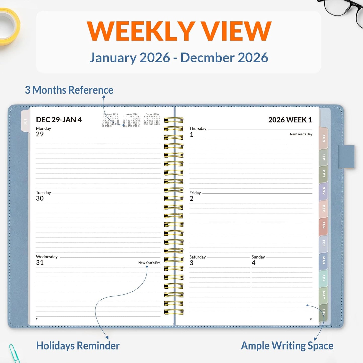 SUNEE 2026 Weekly & Monthly Planner 6.4"x8.5"- 12 Month (January 2026 - December 2026), Vegan Leather Cover, Pocket, Bookmark, Notes, Monthly Tab, Gray Blue