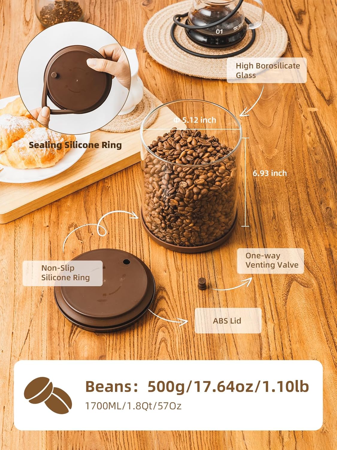 Large Coffee Canister 18 oz, Airtight Food Storage Container with Pop Lid, CO2-Release Valve, High Borosilicate Glass Contianers For Tea Coffee Bean Sugar, 1.13lb