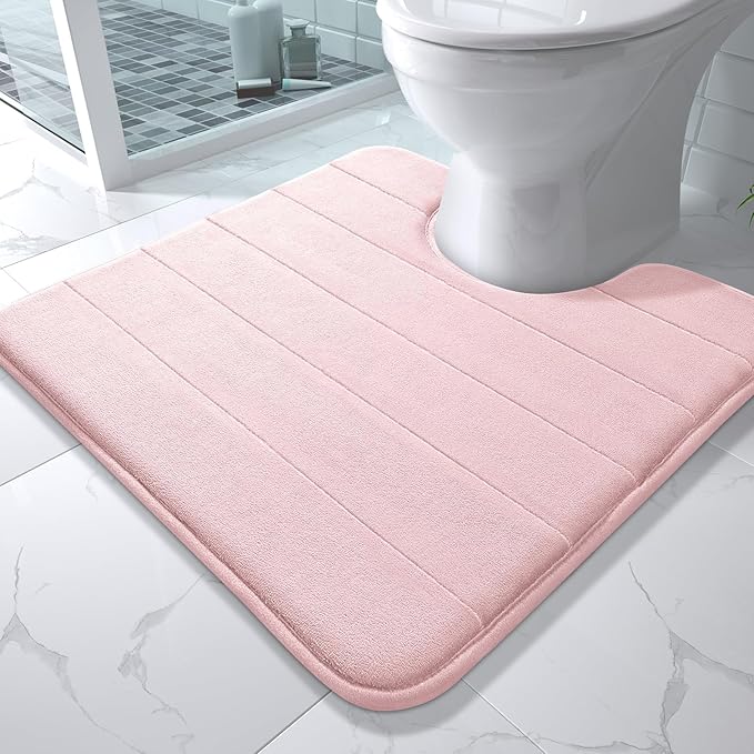 Yimobra Memory Foam Toilet Bath Mat U-Shaped, Soft and Comfortable, Super Water Absorption, Non-Slip, Thick, Machine Wash and Easier to Dry for Bathroom Commode Contour Rug, 24 X 24 Inches, Pink