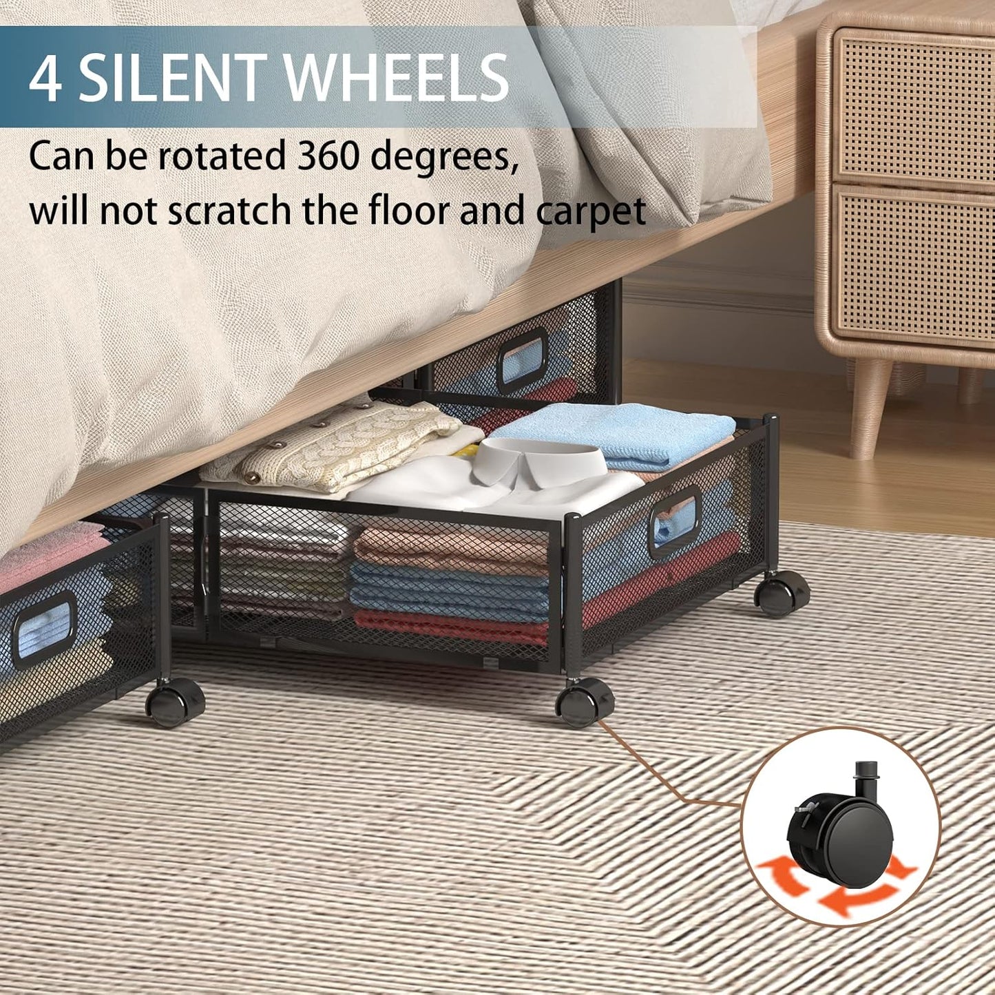 Foldable Bedroom Storage Organization with Handles - Under Bed Storage Containers with Wheels - Bins Drawer for Clothes, Blankets and Shoes