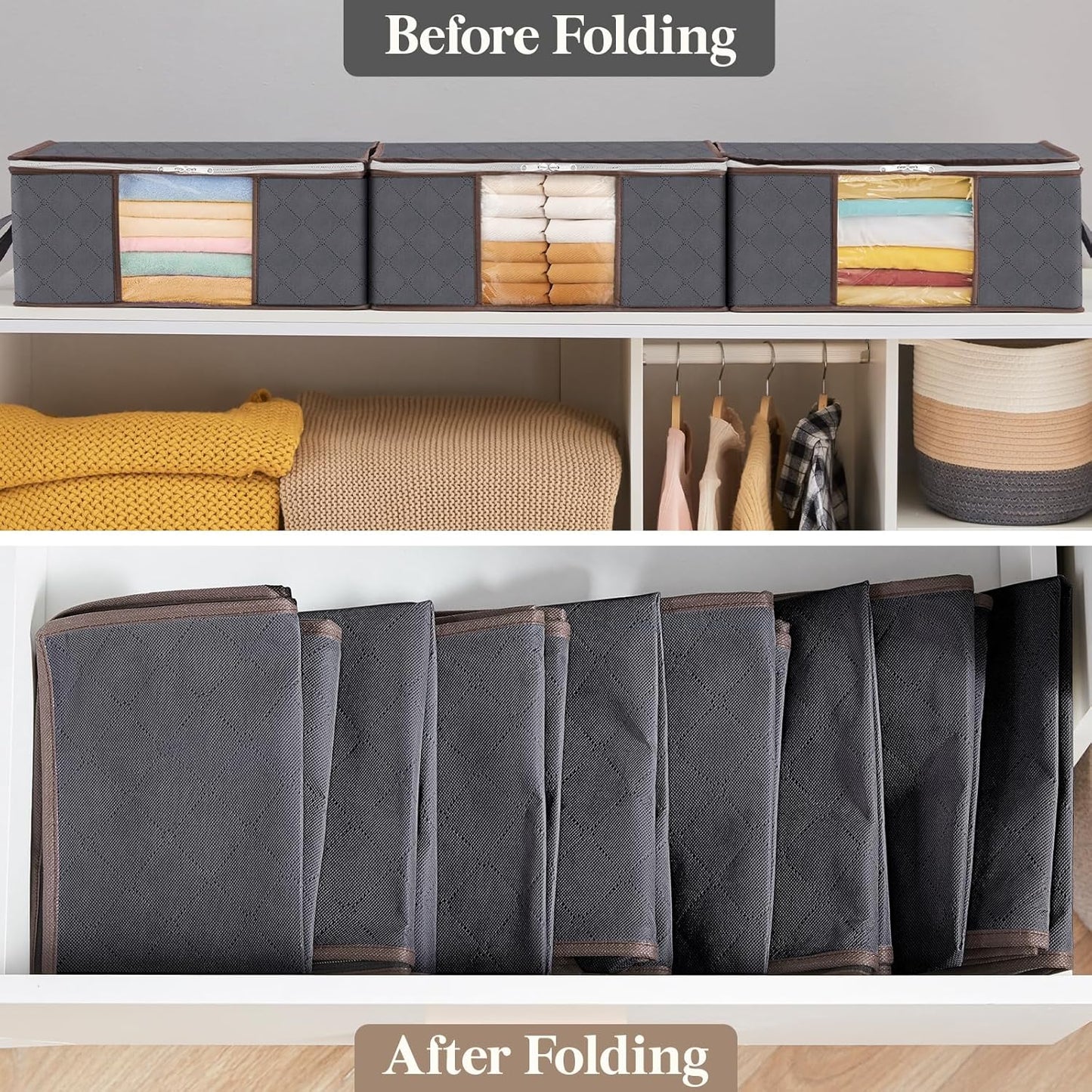 Lifewit 6 Pack Clothes Storage Bag, Foldable Storage Bin Closet Organizer with Reinforced Handle, Sturdy Fabric Blanket Storage with Clear Window, Storage Containers for Clothing, Bedding, Gray