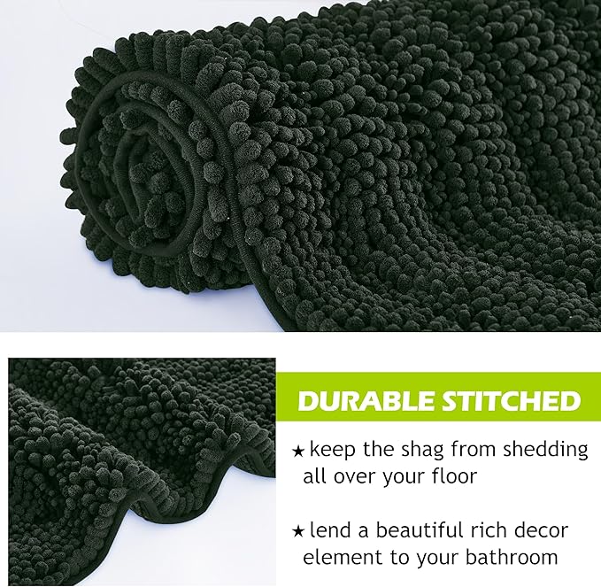 KGORGE Bathroom Rugs - Soft Bath Mat Water Absorbent Non-Slip Thick Shaggy Shower Carpe, Machine Washable, Plush Carpet Runner for Tub Kitchen Toilet Door Way, Dark Green, 60" x 24", 1 Pc